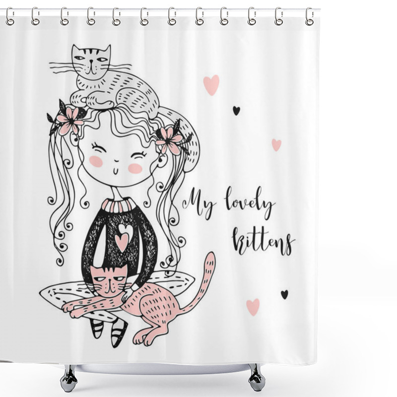 Personality  Cute Girl Sitting With Her Pets Kittens. Vector. Shower Curtains