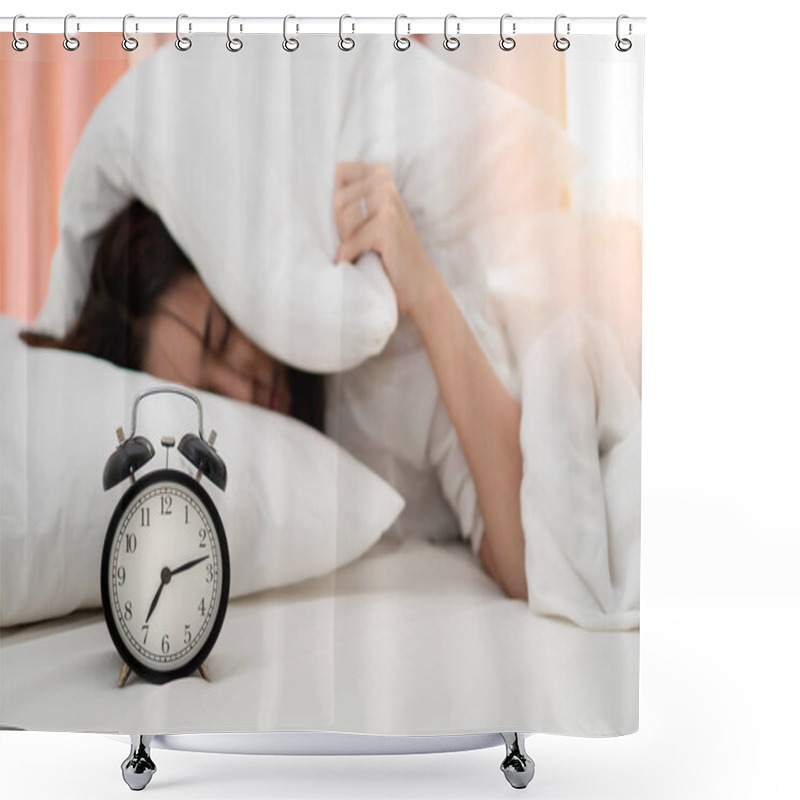 Personality  Close Up Alarm Clock With Young Asian Woman Lazy Waking Up In Early Morning For Routine Daily Job. Sleepy Girl Lying On Bed Closing Her Eyes And Try To Hiding Under Pillow For  Snooze Alarm Clock. Shower Curtains