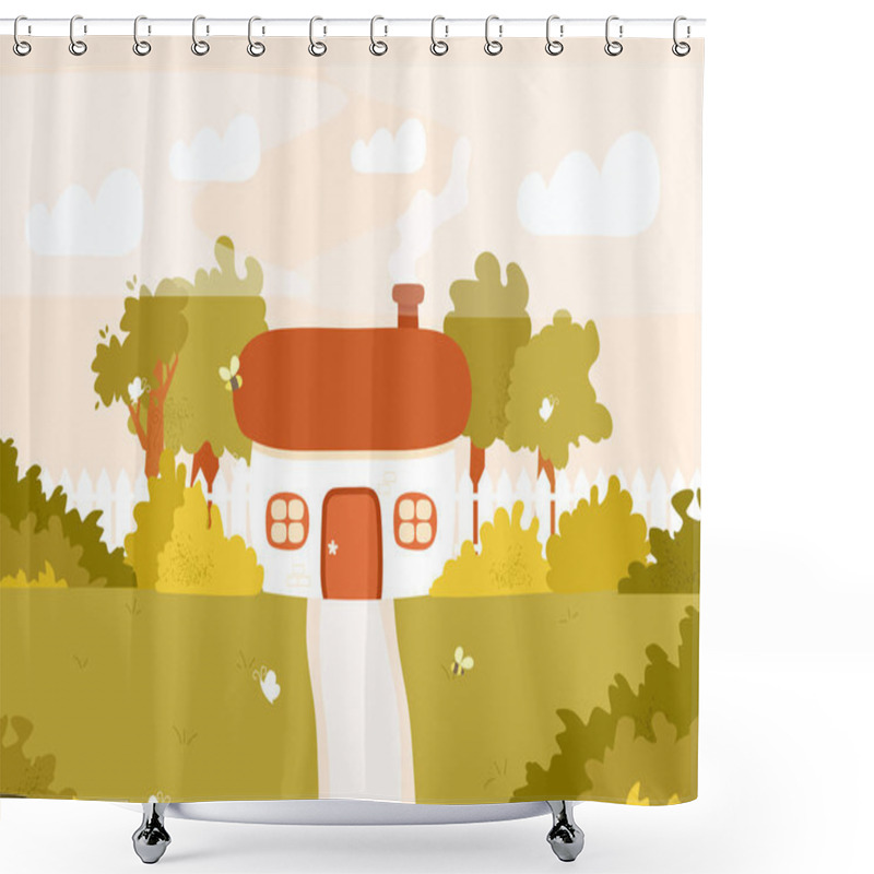 Personality  Cozy Village House. Summer Or Spring Countryside Landscape With Green Trees And Bushes. Rural Scene With Cute Cottage. Vector Illustration In Hand Drawn Flat Cartoon Style Shower Curtains