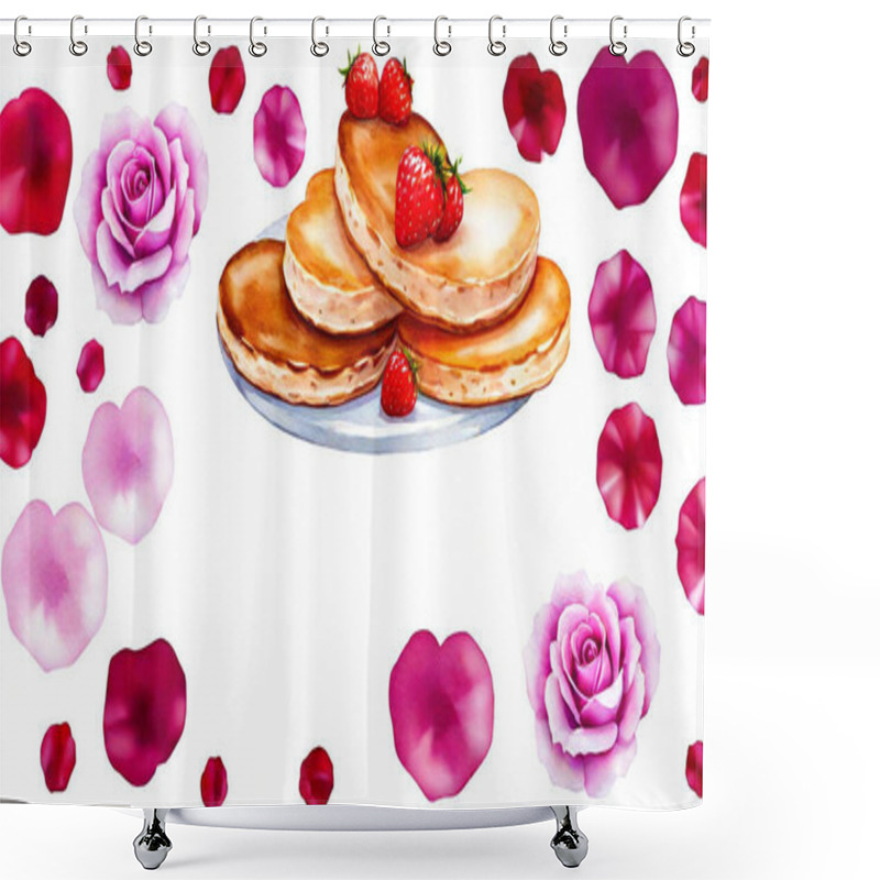 Personality  Watercolor Wash Heart-shaped Pancakes, Sweet Treats, And Rose Petals On A White Background. Shower Curtains