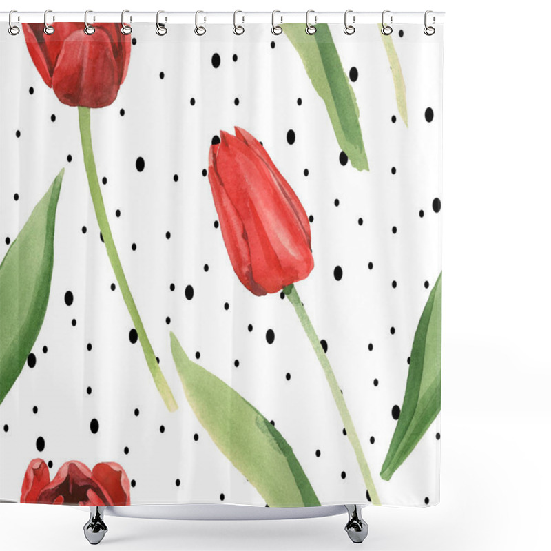 Personality  Red Tulips With Green Leaves On White Background With Black Dots. Watercolor Illustration Set. Seamless Background Pattern. Shower Curtains