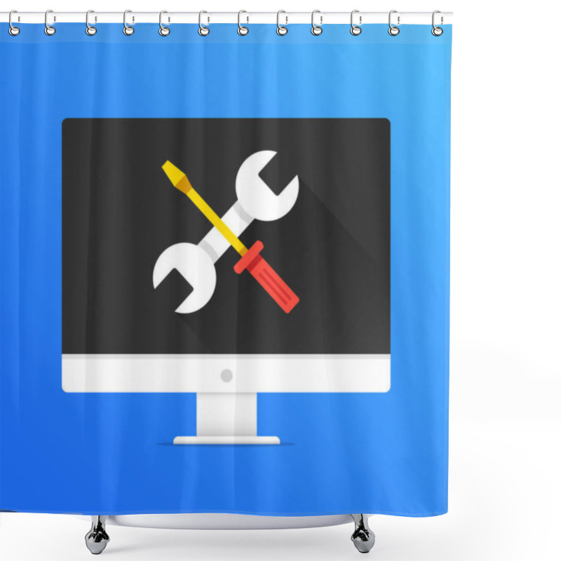 Personality  Computer Repair, Computer Service, Technical Support Concepts. PC With Crossed Wrench And Screwdriver On Screen. Modern Flat Design Graphic Elements. Long Shadow Design. Vector Illustration Shower Curtains