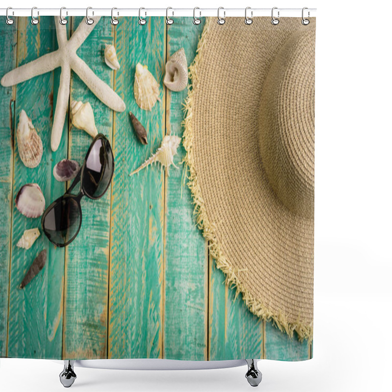 Personality  Seashells On Green Wooden Plank With Straw Hat And Sunglass Shower Curtains