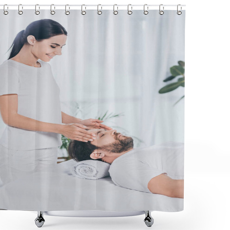 Personality  Smiling Young Woman Doing Reiki Treatment Session To Calm Bearded Man With Closed Eyes Shower Curtains