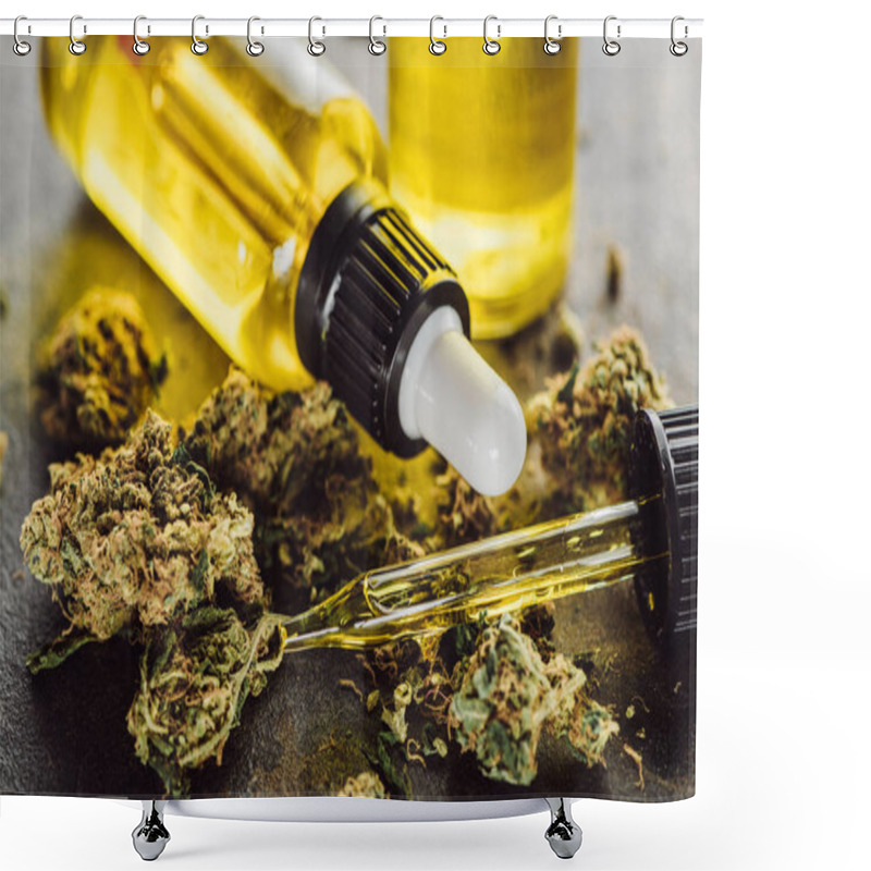 Personality  Close Up View Of Medical Marijuana Buds, Bottle And Dropper With Hemp Oil On Stone Surface Shower Curtains