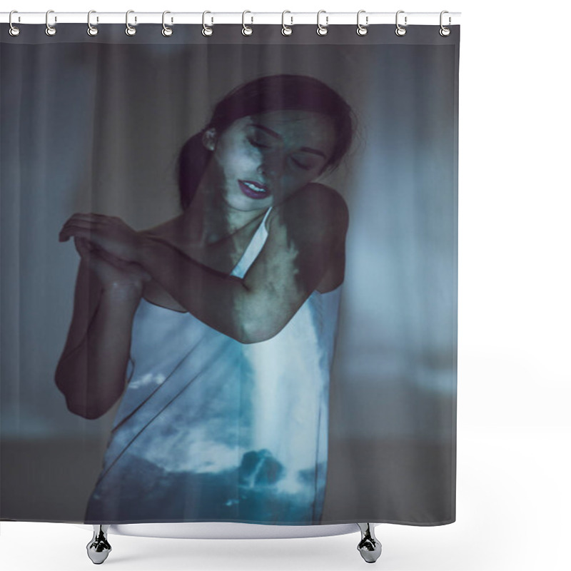 Personality  Beautiful Girl Standing In Darkness With Closed Eyes In Pose Shower Curtains