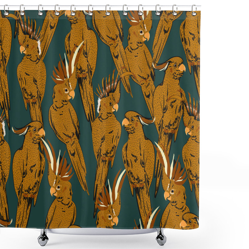 Personality  Vintage Hand Sketch Doodle Of Yellow Cockatoo Parrot Birds  Seamless Pattern In Vector Design For Fashion, Fabric, Web, Wallpaper, And All Prints On Dark Green  Background Color Shower Curtains