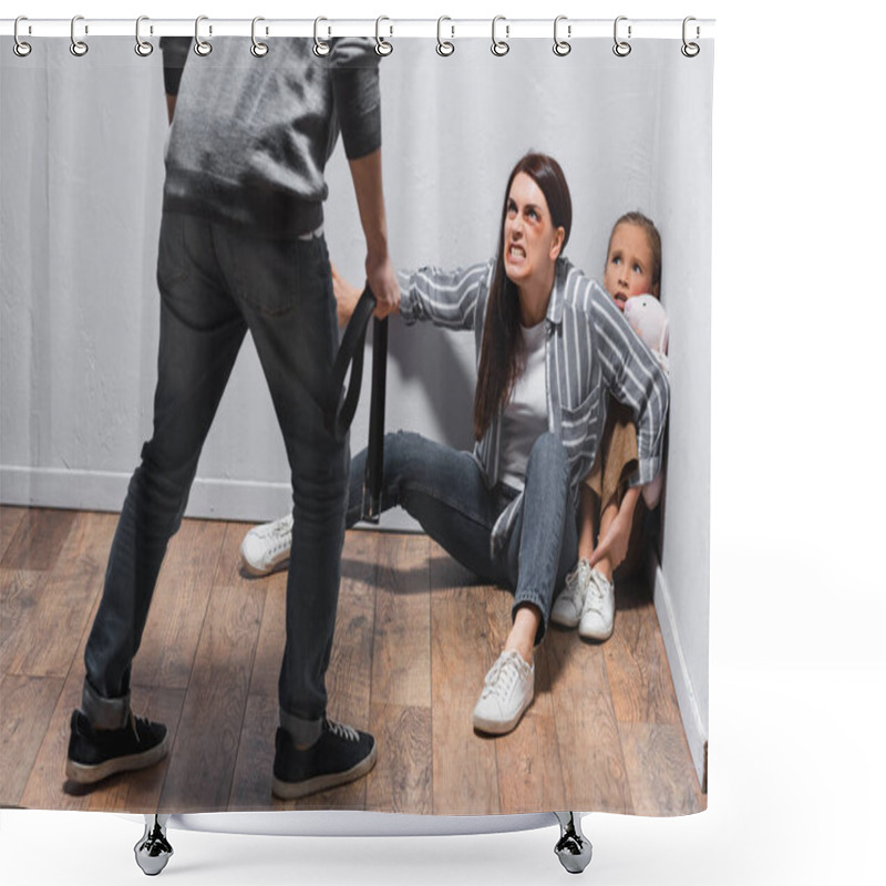 Personality  Angry Woman With Bruises On Face Hiding Child On Floor Near Husband With Waist Belt On Blurred Foreground  Shower Curtains