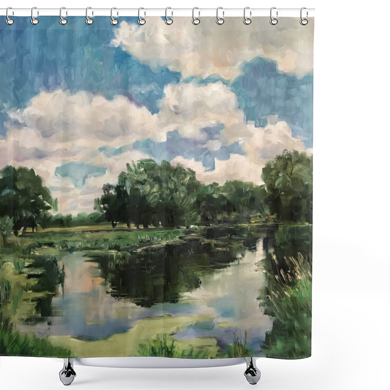 Personality  Landscape In A Quiet Secluded Place, Abandoned Deserted Village. Wildlife Is Reflected On The Watery Surface. Realistic Painting On A Square Canvas, Oil Paint. Summer Time Green Trees Bushes Leaves. Shower Curtains