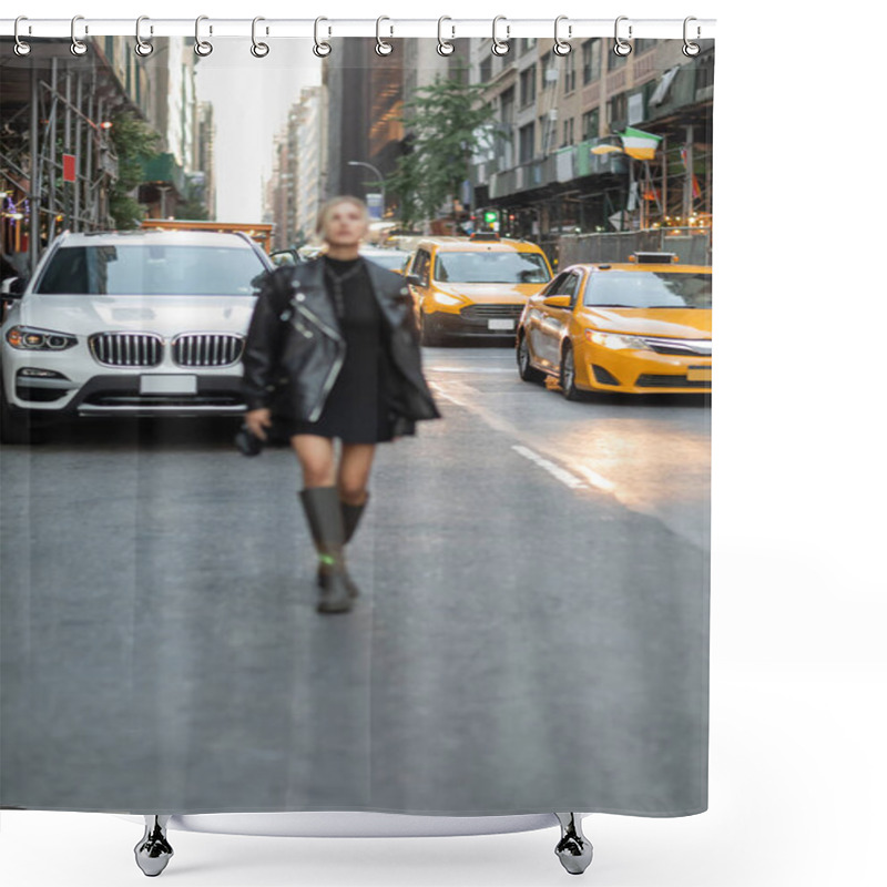 Personality  Full Length Of Blurred Blonde Woman In Black Leather Jacket And Dress Walking Near Cars And Yellow Cabs In New York  Shower Curtains