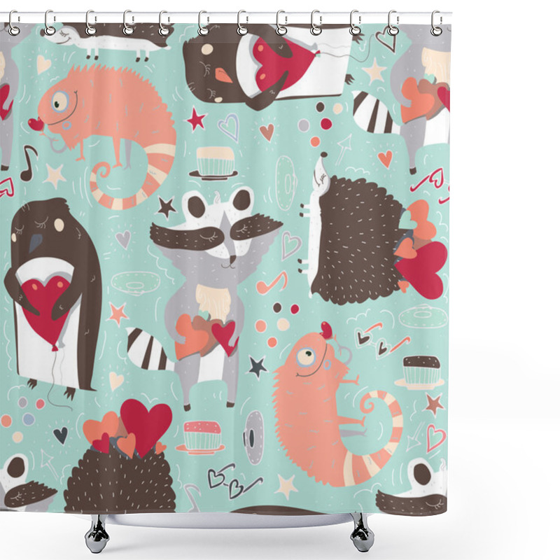 Personality  Seamless Vector Pattern With Cute Animals Such As Raccoon, Iguana And Hedgehog And Penguin With Hearts, Decorated With Doodle Stars, Hearts And Hand Drawn Decor. Cute Illustration On Light Blue. Shower Curtains