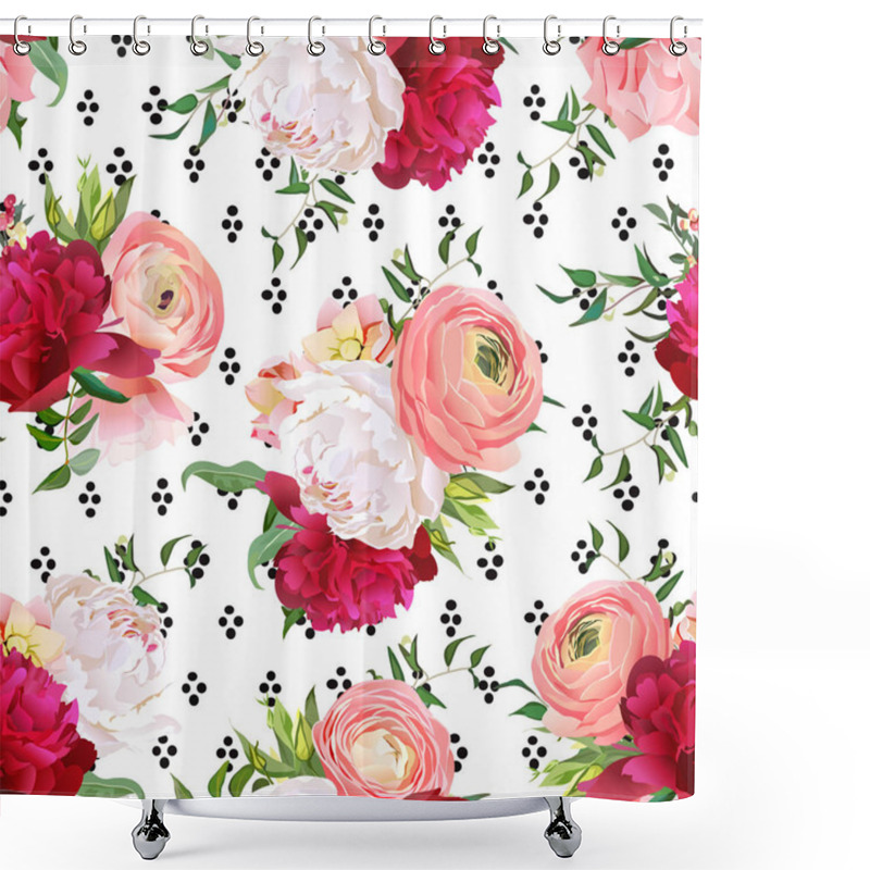 Personality  Burgundy Red And White Peonies, Ranunculus, Rose Seamless Vector Shower Curtains