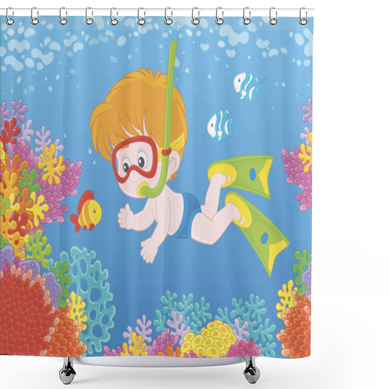 Personality  Little Boy Diving With A Mask And A Snorkel Among Funny Striped Fishes On A Colorful Coral Reef In Blue Water Of A Tropical Sea, Vector Illustration In A Cartoon Style Shower Curtains