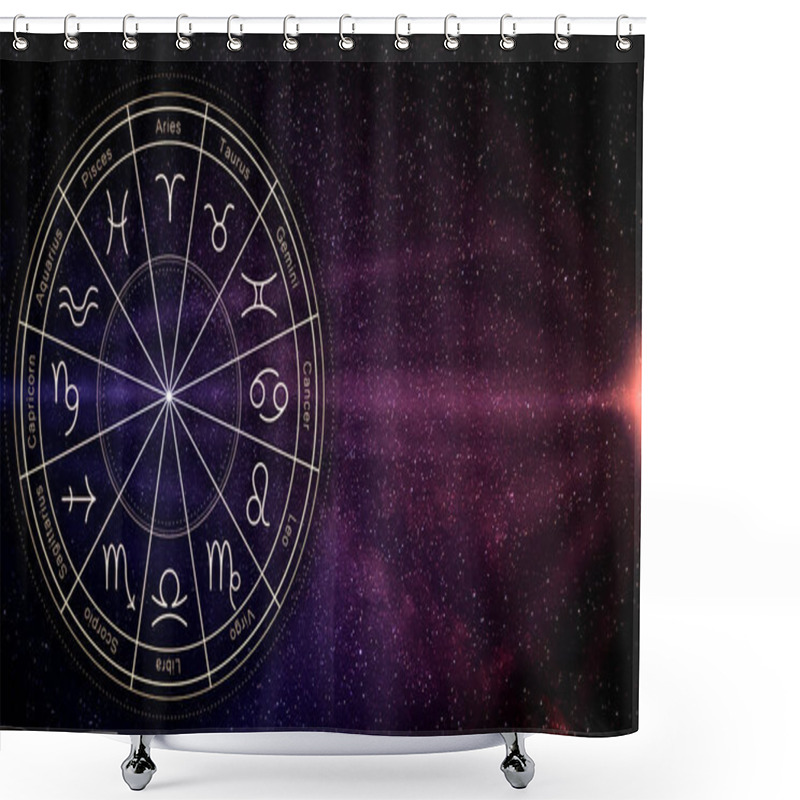 Personality  Zodiac Wheel With Twelve Signs On Starry Sky Background, Space For Text. Horoscopic Astrology Shower Curtains