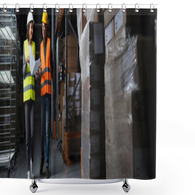 Personality  Colleagues With Hard Hats Walking In A Well-lit Warehouse And Planning Their Work, Logistic Banner Shower Curtains