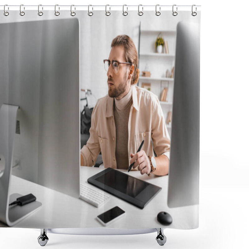 Personality  Handsome 3d Artist Using Graphics Tablet And Computers At Table In Office  Shower Curtains