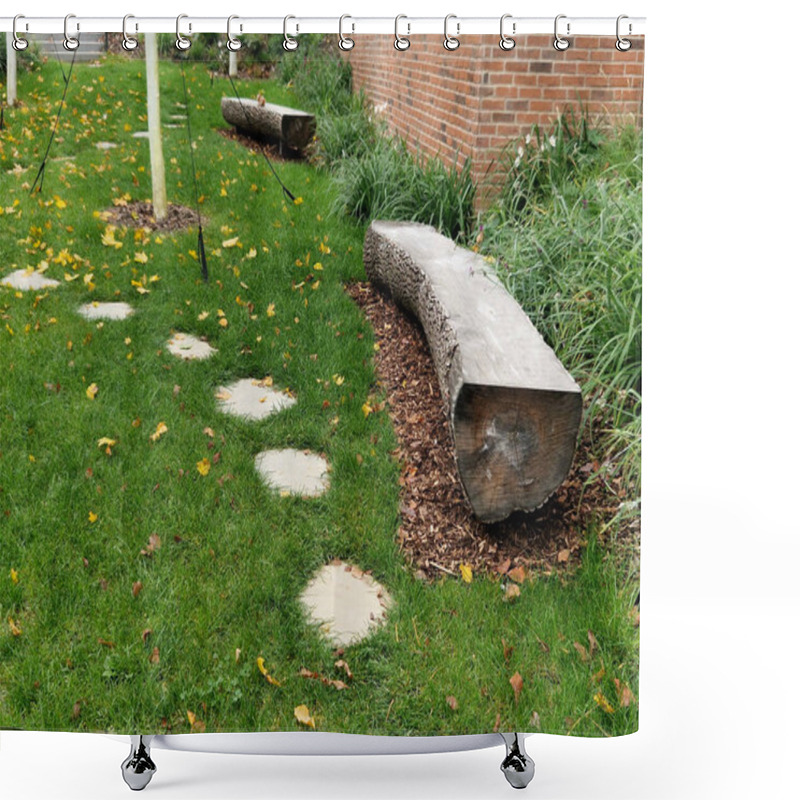 Personality  Halved Trunks With Bark Serve As Park Benches. Stepoing Stones Around In The Lawn And Gabion Wall Garden Yard Shower Curtains