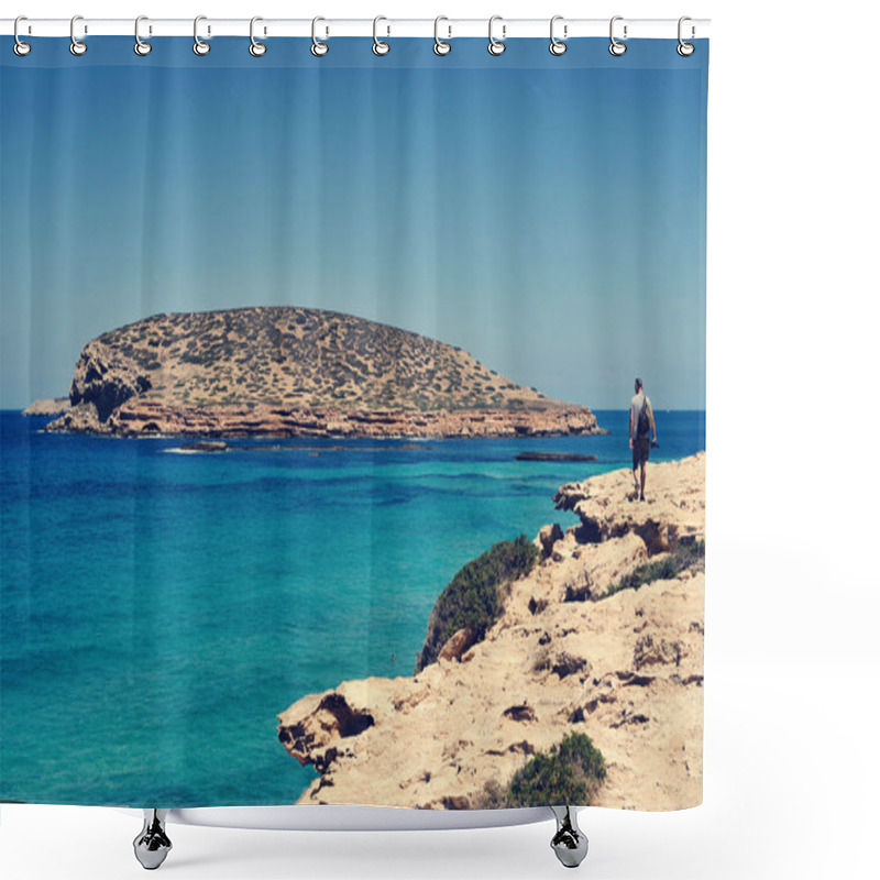 Personality  Man Facing The Illa Des Bosc Island, In Ibiza, Spain Shower Curtains