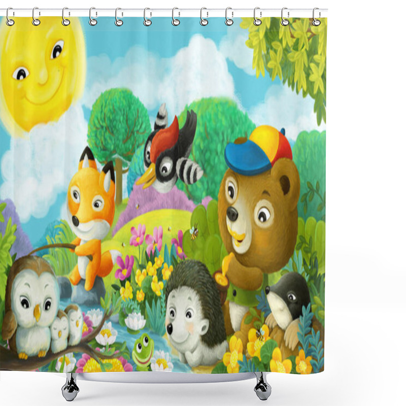 Personality  Cartoon Scene With Different Forest Animals Friends Having Fun Together Fishing Illustration For Children Shower Curtains