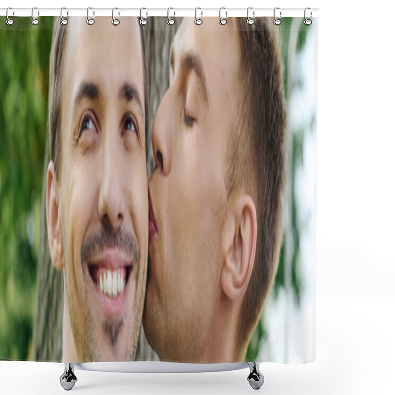 Personality  Two Joyful Men Share An Affectionate Kiss Surrounded By Vibrant Nature, Radiating Happiness. Shower Curtains