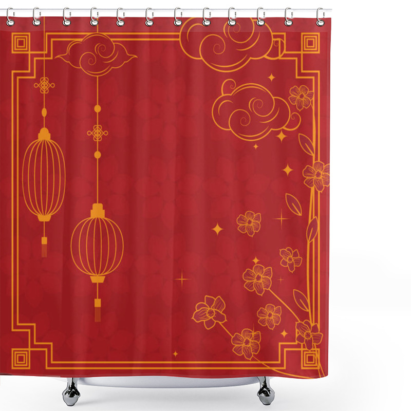 Personality  Red Square Template With Chinese Outline Elements, Clouds, Lanterns, Flowers, And Sparkles For Elegant Designs Shower Curtains