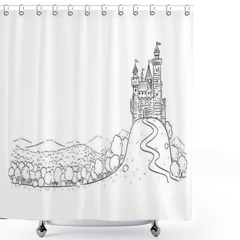 Personality  Cartoon Drawing Or Illustration Of Fantasy Landscape With Castle On Hill And Forest Around. Shower Curtains