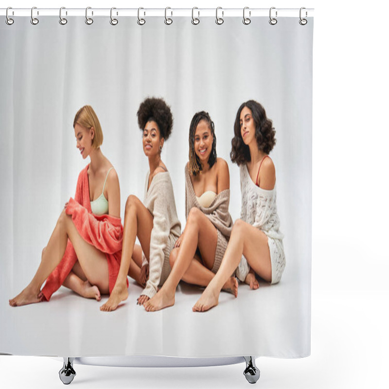 Personality  Full Length Of Positive And Confident Multiethnic Women In Wool Jumpers Looking At Camera While Sitting On Grey Background, Different Body Types And Self-acceptance, Multicultural Representation Shower Curtains