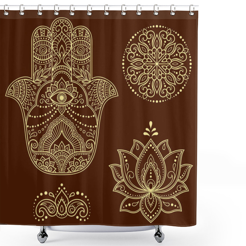 Personality  Set Of Hamsa Hand Drawn Symbol, Lotus Flower And Mandala. Decorative Pattern In Oriental Style For Interior Decoration And Henna Drawings. The Ancient Sign Of 