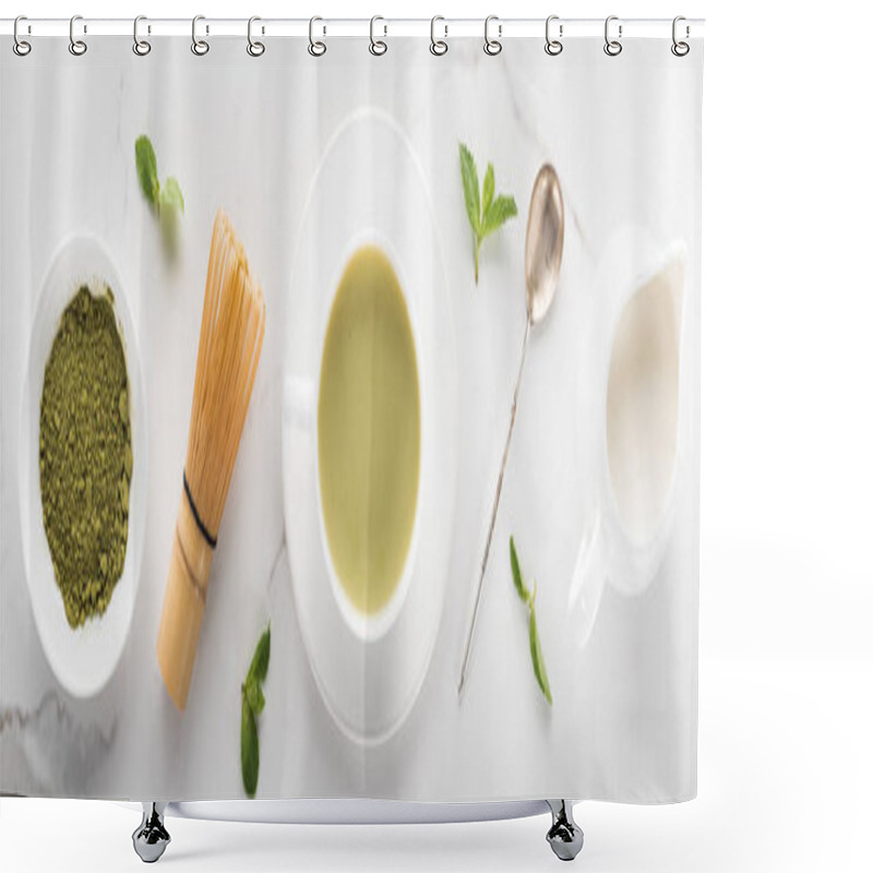 Personality  Flat Lay With Green Matcha Tea And Milk On White Table Shower Curtains