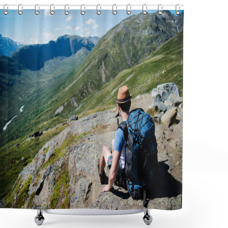 Personality  Traveler With Backpack Resting On Besseggen Ridge In Jotunheimen National Park, Norway Shower Curtains