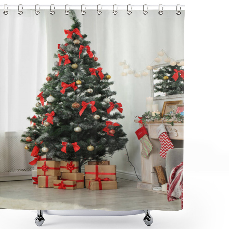 Personality  Decorated Christmas Tree In Stylish Living Room Interior Shower Curtains