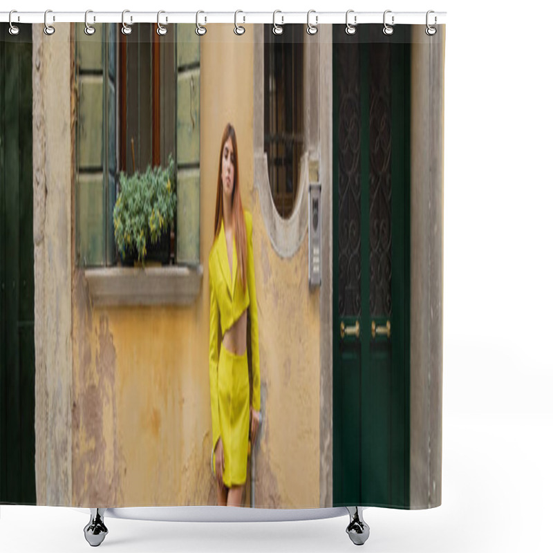 Personality  Young Woman In Yellow Suit Posing Near Potted Flowers On Window In Venice, Banner Shower Curtains