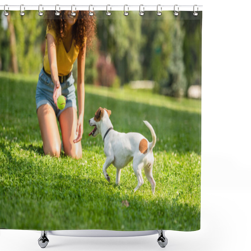 Personality  Partial View Of Young Woman Throwing Ball To Jack Russell Terrier Dog Shower Curtains