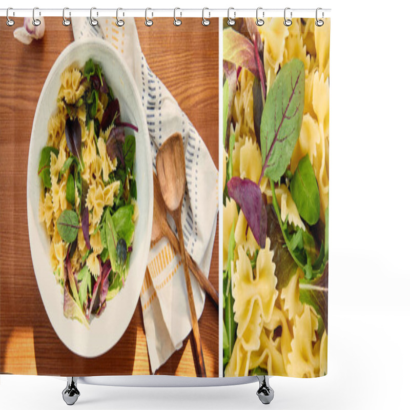 Personality  Collage Of Bowl With Pasta Salad Ingredients Near Garlic, Napkin And Spatulas On Wooden Background, Panoramic Crop Shower Curtains