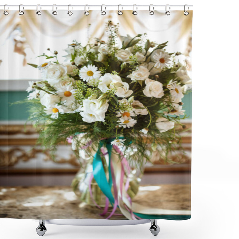 Personality  Beautiful Romantic Bouquet Of White Flowers With Chamomiles In Luxury Interior, Wedding Day Bridal Flowers Shower Curtains