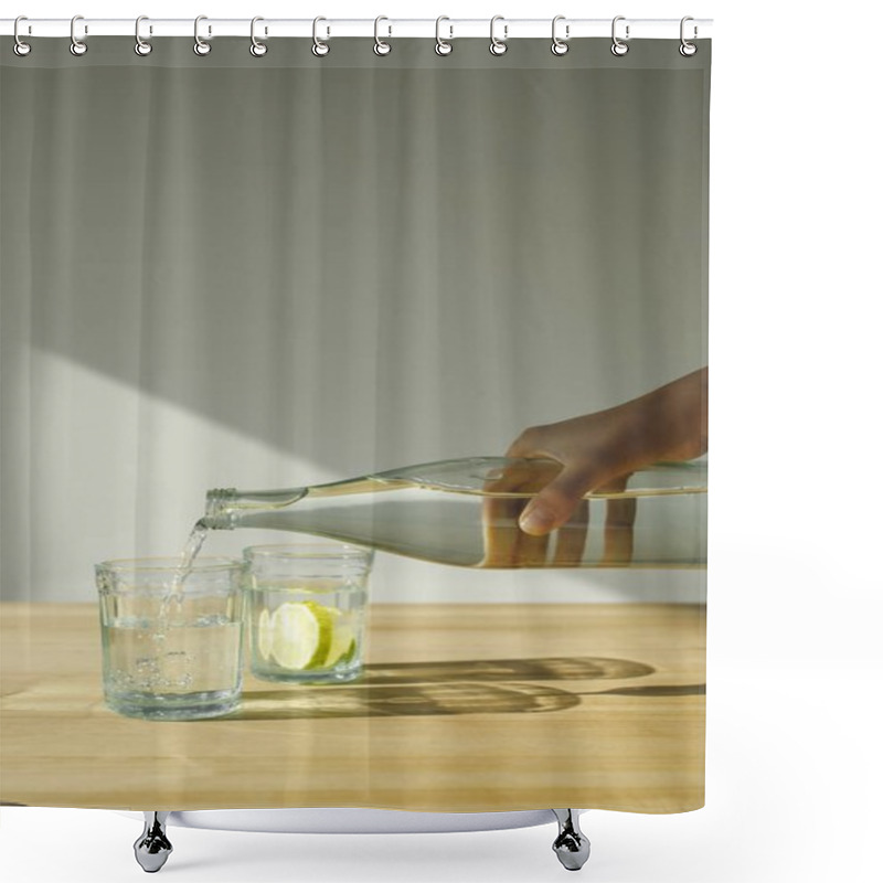 Personality  Cropped Image Of Woman Pouring Water From Bottle Into Transparent Glass  Shower Curtains