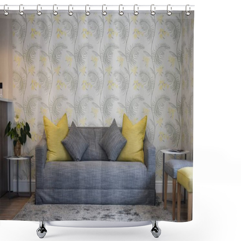 Personality  Interior Shot Of A House With A Gray Couch And A Wall With Leaf Patterns Shower Curtains