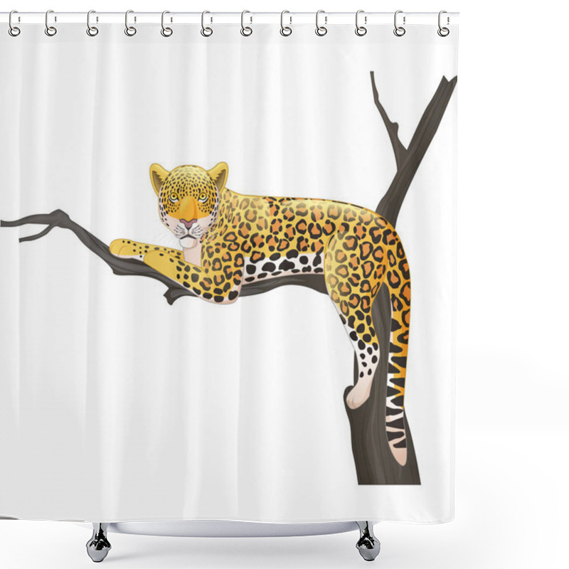 Personality  Vector Illustration Of Cartoon Leopard Lying On A Tree Branch Shower Curtains