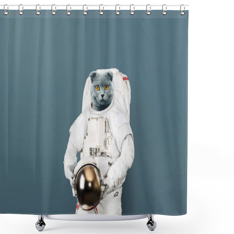 Personality  Funny Cat Astronaut In A Space Suit With A Helmet On A Gray Background. British Cat Spaceman. Creative Idea Shower Curtains