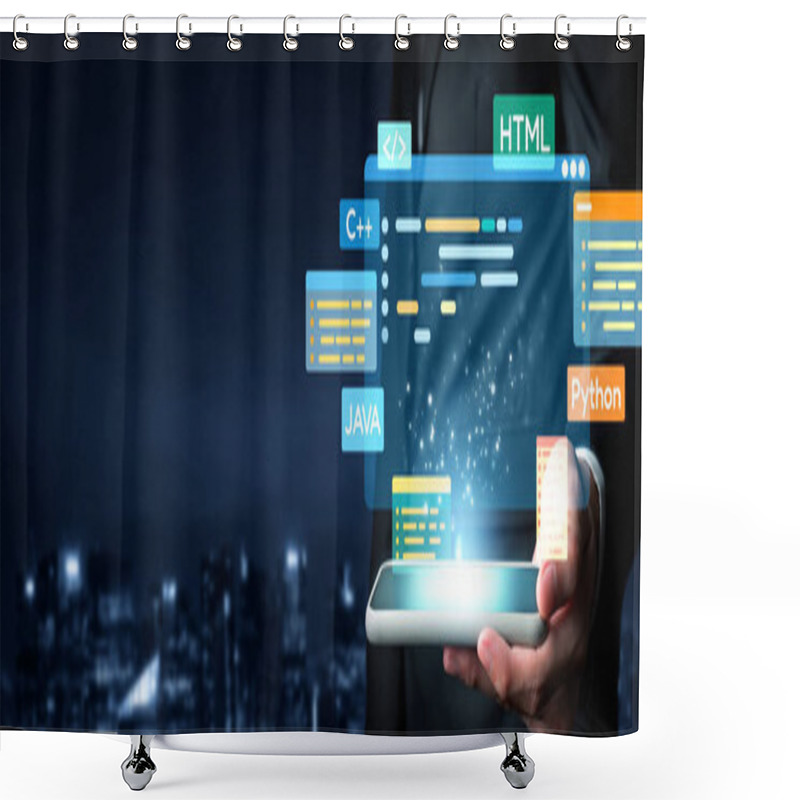 Personality  Software Developer Or Programmer Work With Coding Digital Overlays Of Various Programming Languages Like HTML, Python, Java, And C EIDE For New Application Mobile Phone Development Shower Curtains