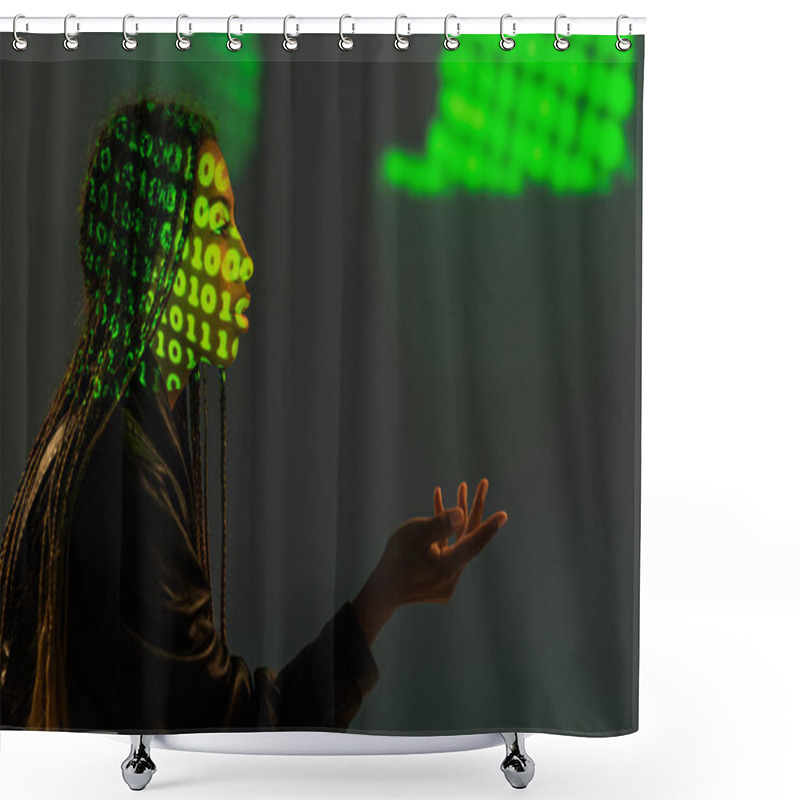 Personality  Side View Of African American Woman With Binary Code On Face On Grey Background  Shower Curtains