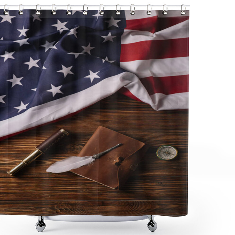 Personality  Top View Of Leather Notebook, Nib, Telescope And Compass On Wooden Surface With American National Flag Shower Curtains