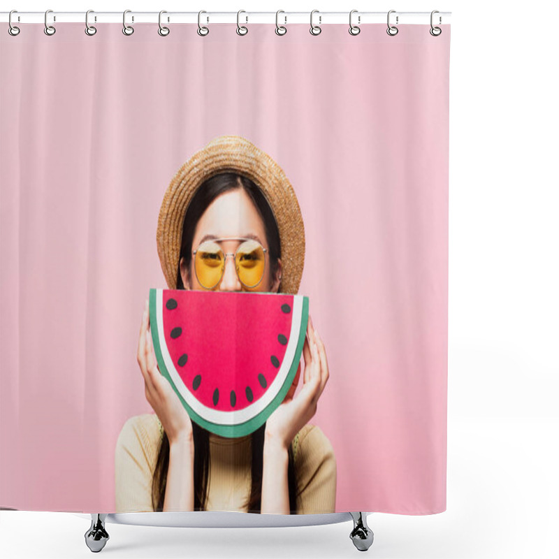 Personality  Asian Girl In Sunglasses And Straw Hat Covering Face With Paper Watermelon Isolated On Pink  Shower Curtains