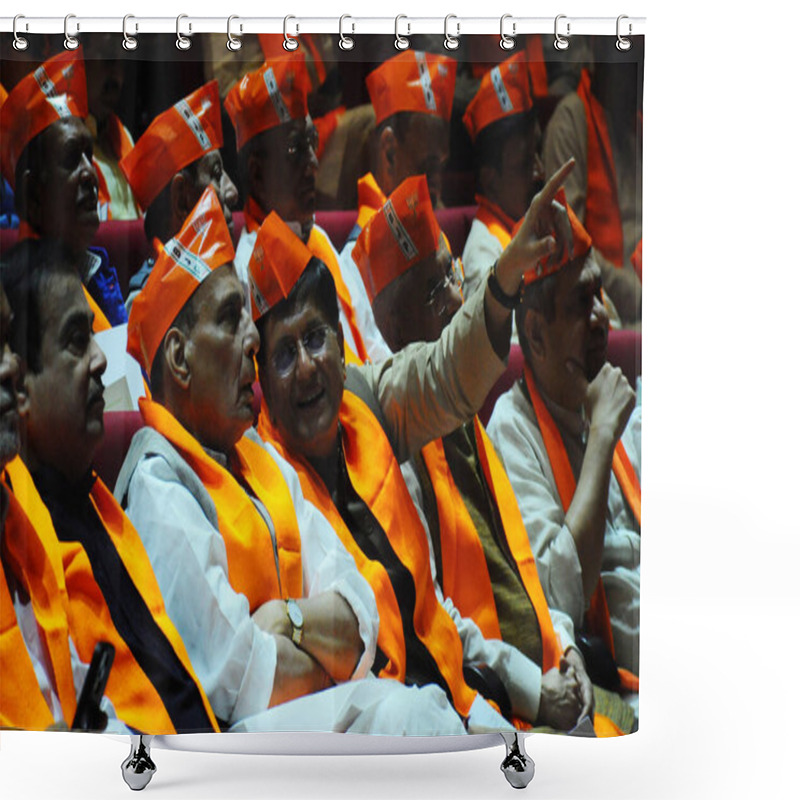 Personality  NEW DELHI INDIA APRIL 6 2023 Union Ministers Rajnath Singh Nitin Gadkari Piyush Goyal And BJP S Ministers And MP S Watching Prime Minister Narendra Modi S Virtual Address On The Occasion Of BJP Foundation Day At Parliament House Library On April 6 20 Shower Curtains