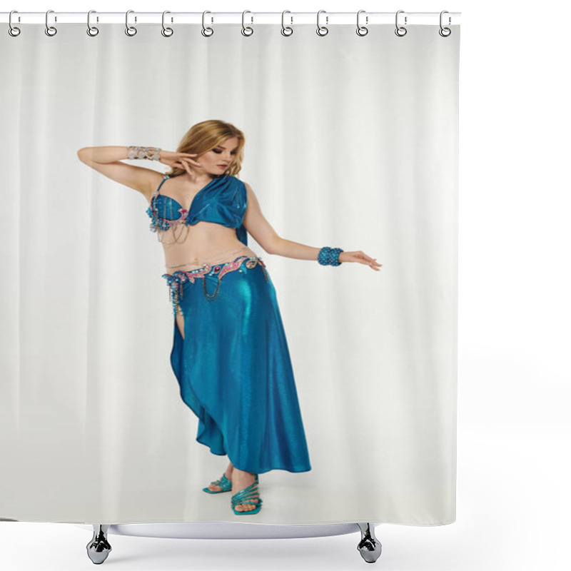 Personality  A Graceful Woman In A Mesmerizing Blue Costume Showcases Her Belly Dance Skills. Shower Curtains