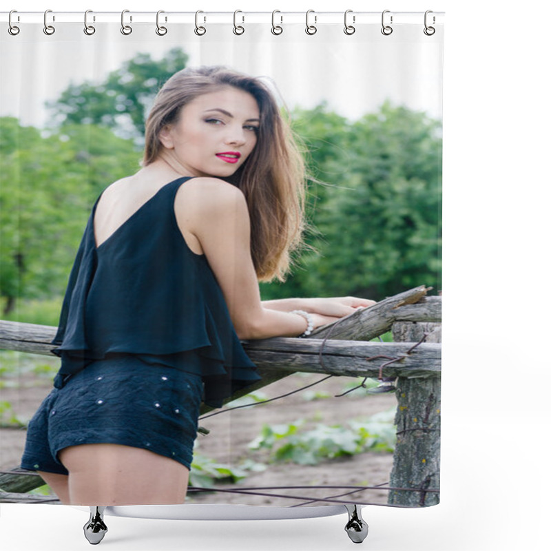 Personality  Beautiful Sensual Fashion Woman At Old Country Fence Shower Curtains