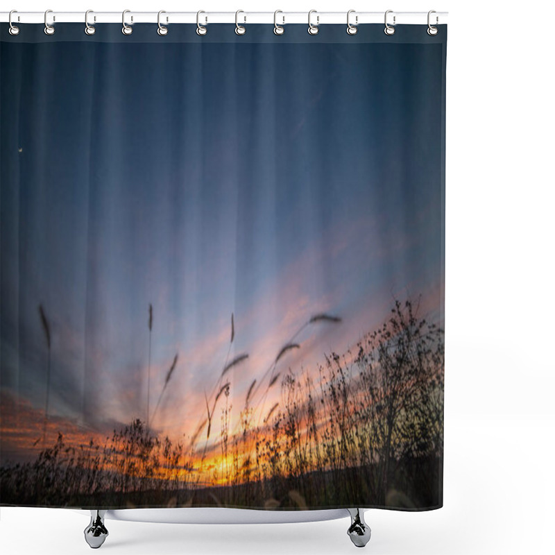 Personality  Dramatic Partially Cloudy Crimson Sunset Sky With Moon Crescent Over Fields Shower Curtains