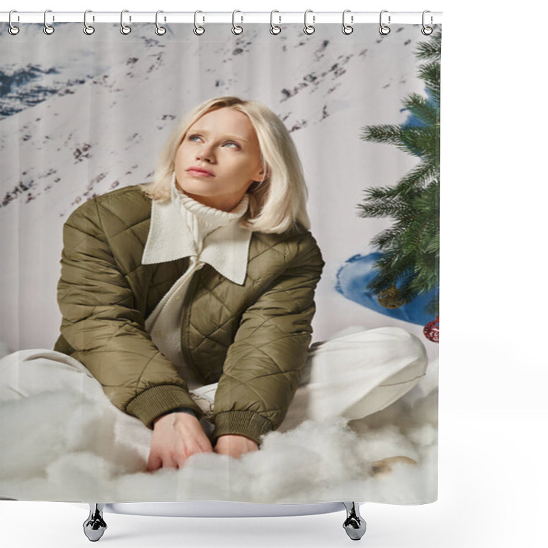 Personality  Beautiful Blonde Woman In Warm Winter Jacket Sitting On Snow And Dreamily Looking Away, Fashion Shower Curtains