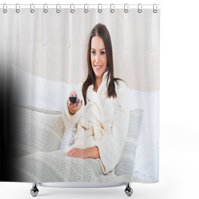 Personality  Beautiful Woman Lying In Bed, Enjoying And Watching Television Shower Curtains