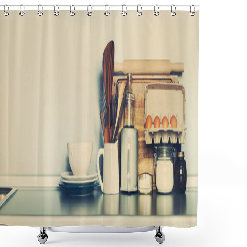 Personality  Kitchen Table-top With Rustic Dishes, Table Ware, Grocery And Different Stuff. Copy Space Shower Curtains